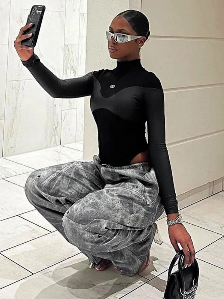 Long Sleeve Bodycon Lenceria Femenina Turtleneck Lingerie Sexy Body Feminino Black Tops Women PU Patchwork One-Pieces Bodysuit