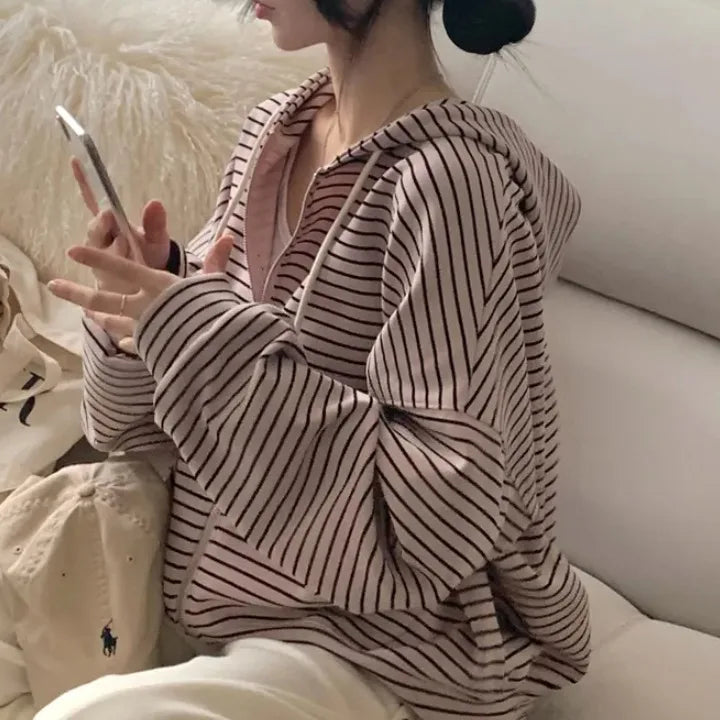 Spring 2025 Women's Chic Loose Casual Lazy Sle Striped Hooded Jaet with ket Open Cardigan Sweatirt Comfortable Fit