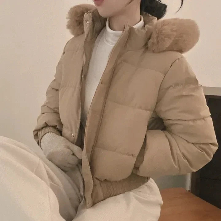 South korea Chic Autumn and Winter Fur Collar Hood Short down Coat Women Fashion Thick Warm Fleece-lined Cotton-padded jacket...