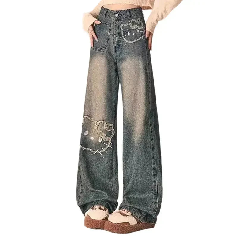 Sanrio Hello Kitty Retro Embroidered Jeans Cartoon Anime Female Loose Comfortable Wide Leg Pants Kawaii Gift