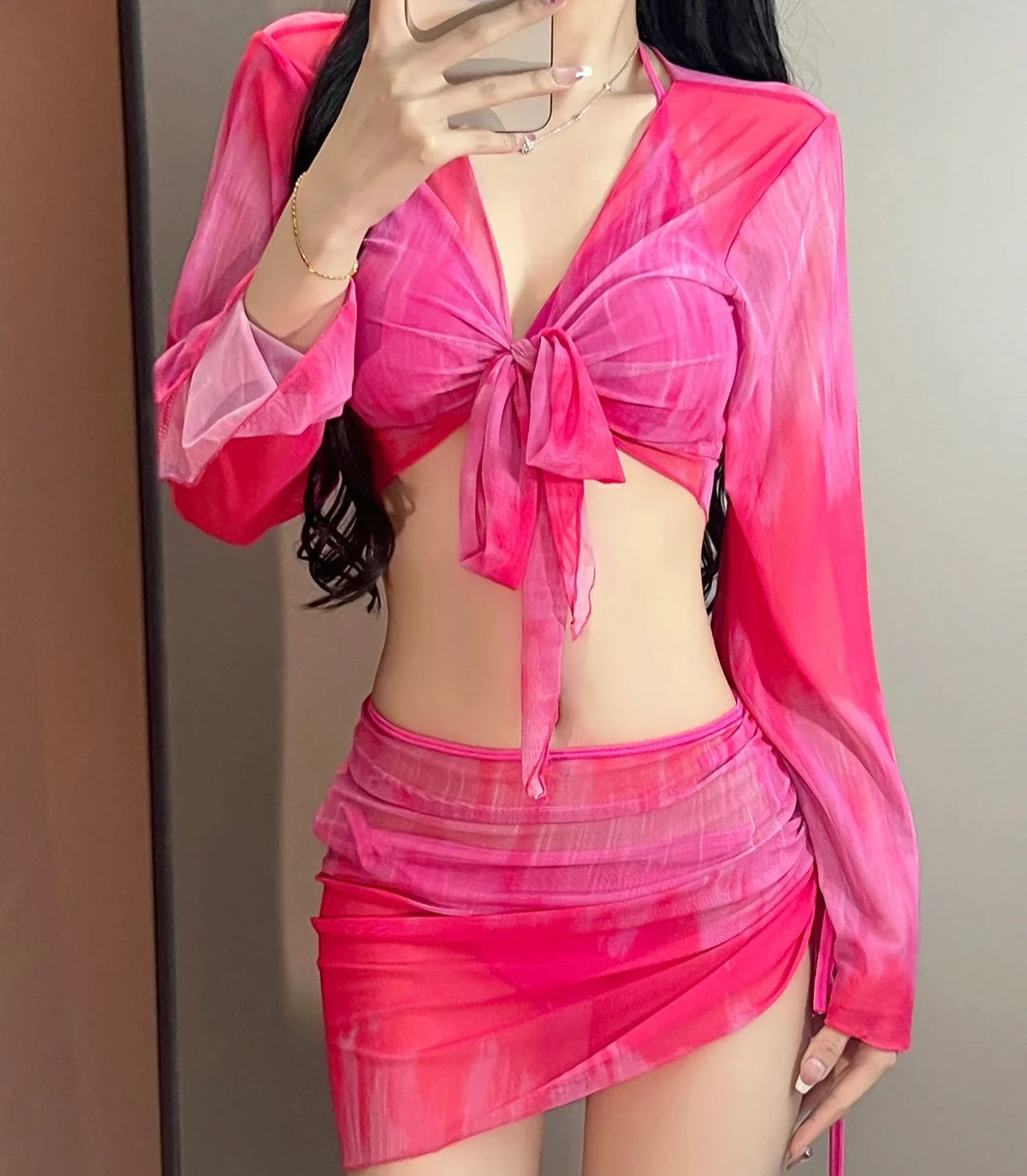 4 Piece Bikini Set Women Blue Tie Dye Mesh Long Sleeve Cover Up with Pleate Skirt Swimsuit Beach Bathing Suit Swimwear