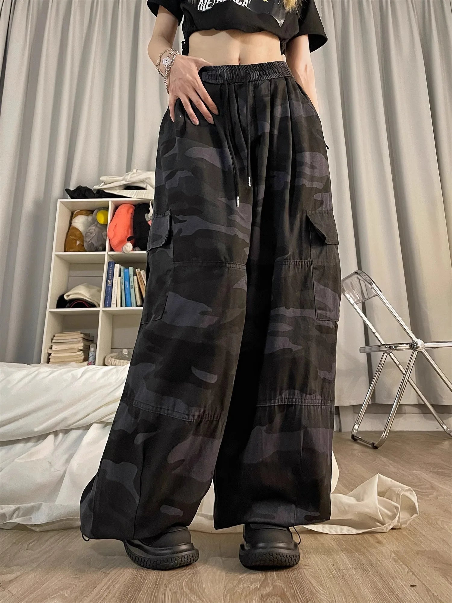 American High Street Camouflage Work Pants Women's Dstring Hip Hop Large Size Loose Straight Leg Wide Leg Trousers