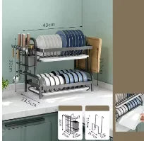 Kitchen 2nd floor storage cutlery and bowl rack set with cutlery rack, large anti rust cutlery drainage board