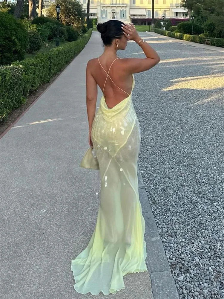 Weird Puss Sequins Women Dress v-Neck Backless Halter Round Glitter Tassels Peach Buttocks Cross Vacation Beach Party Vestidos