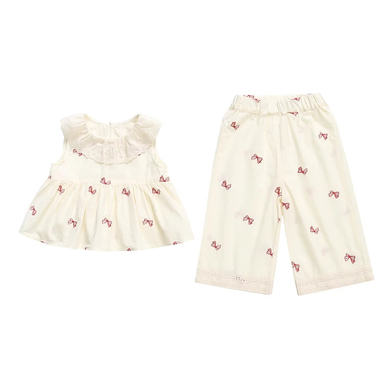 Girls Summer Embroidered Bow Two-piece set Baby Lace Collar Sleeveless Top Pants Sets Kids Clothes Set