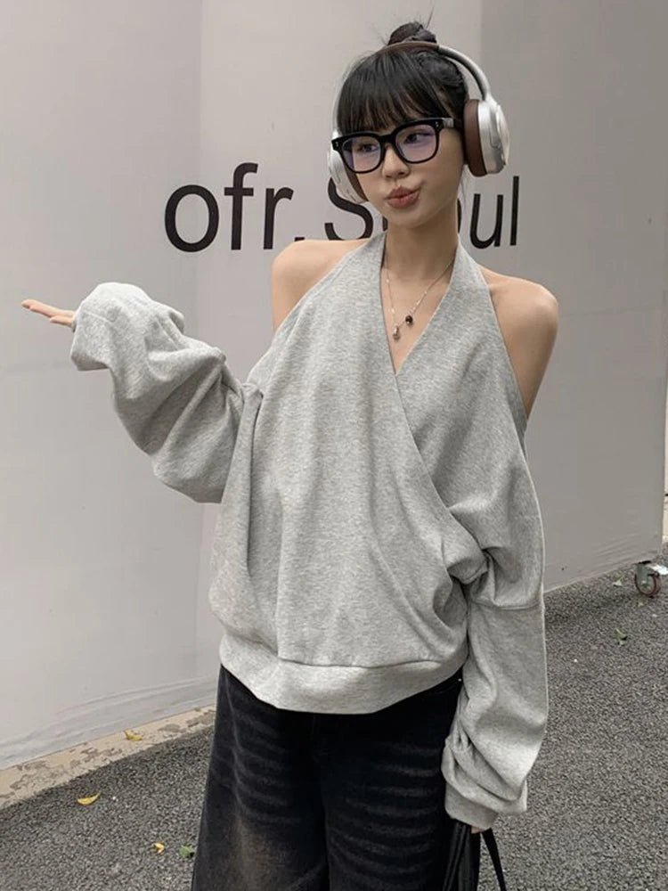 Zoki Sexy Halter Sweatshirt Women Streetwear Off Shoulder V Neck Pullovers Vintage Loose Backless Design Female Korean Tops New