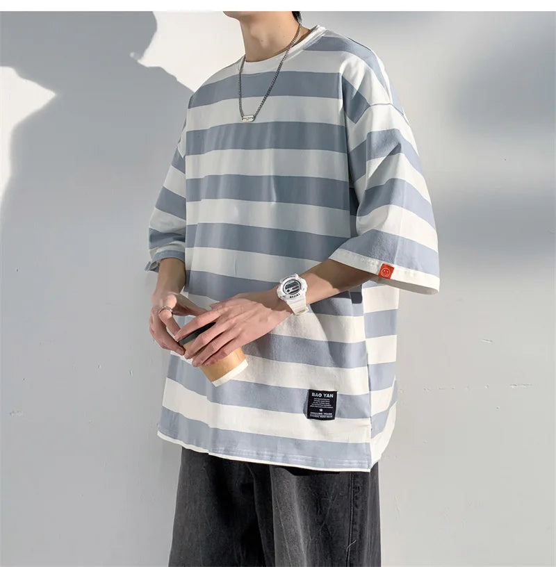 Men's Cotton T-shirt Striped Mens Oversized T Shirts Split Hem Fashion Tee Shirts Casual Wear Summer Tshirt 5XL Big Size for Man