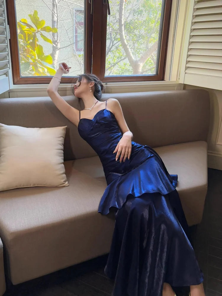 Elegant Romantic Party Women's Spaghetti Strap Dress Female Blue Ruffles Slim Fit Mermaid Dresses Chic Banquet Formal Gown