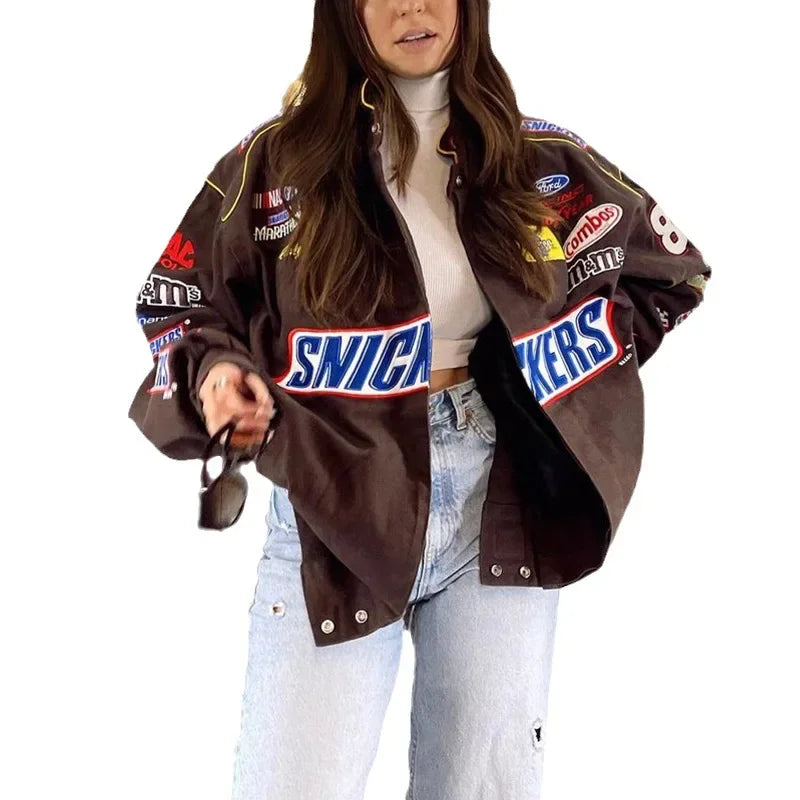 Loose Long Sleeve Motorcycle Style Jacket Autumn Winter New Arrival Casual Patchwork Color Print Women's Outerwear Coat