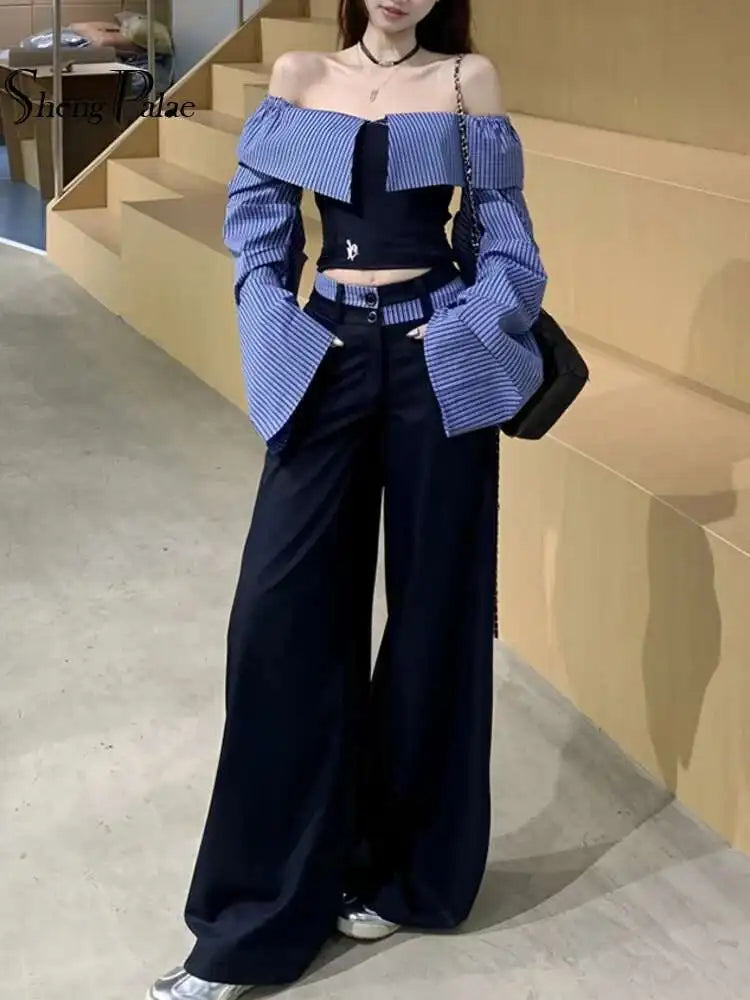 SHENGPALAE 2025 Spring New Contrast Color Slash Neck Pullover Women Straight Loose Ankle Length Pants Fashion Clothing 5ZD1278