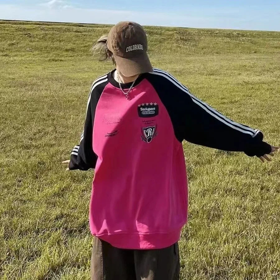 New American Retro Street Brand Color Matching Casual Color Matching Sweater Male Loose Couple Long Sleeve Racing Jacket Female