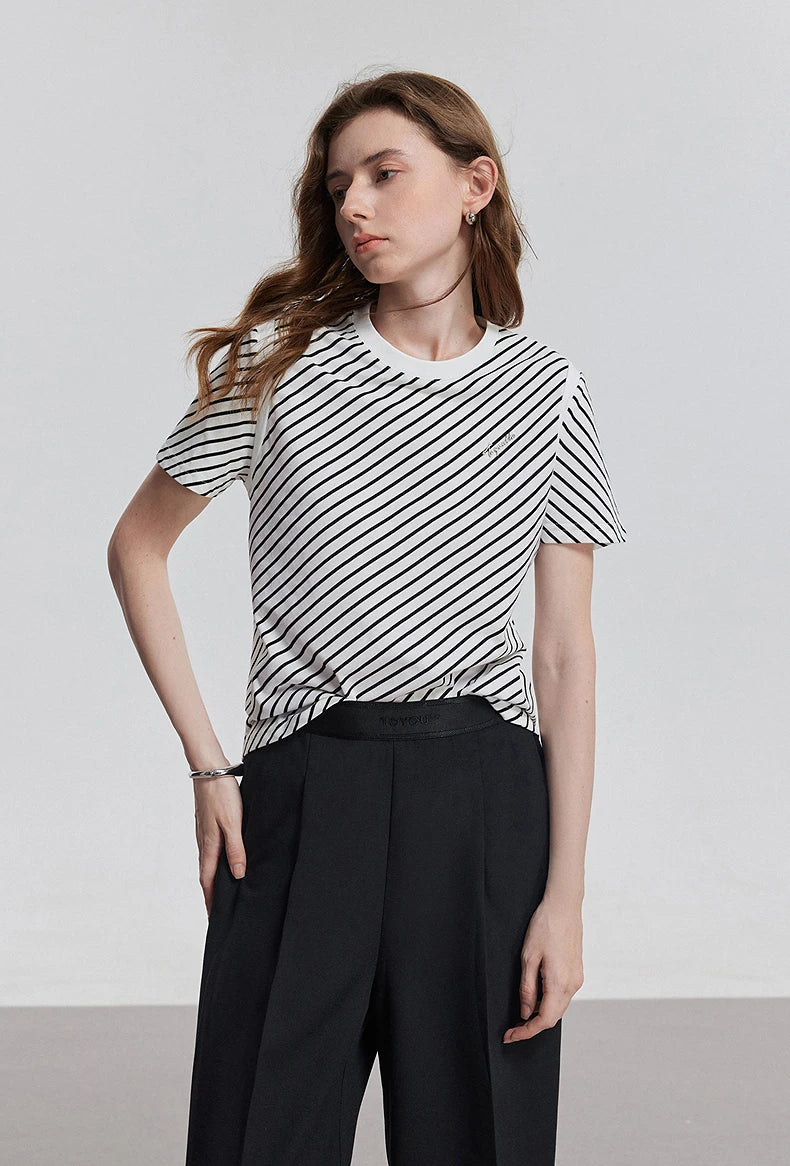TOYOUTH Women Short Sleeve Striped T shirt 2025 Spring New Tops 8521021