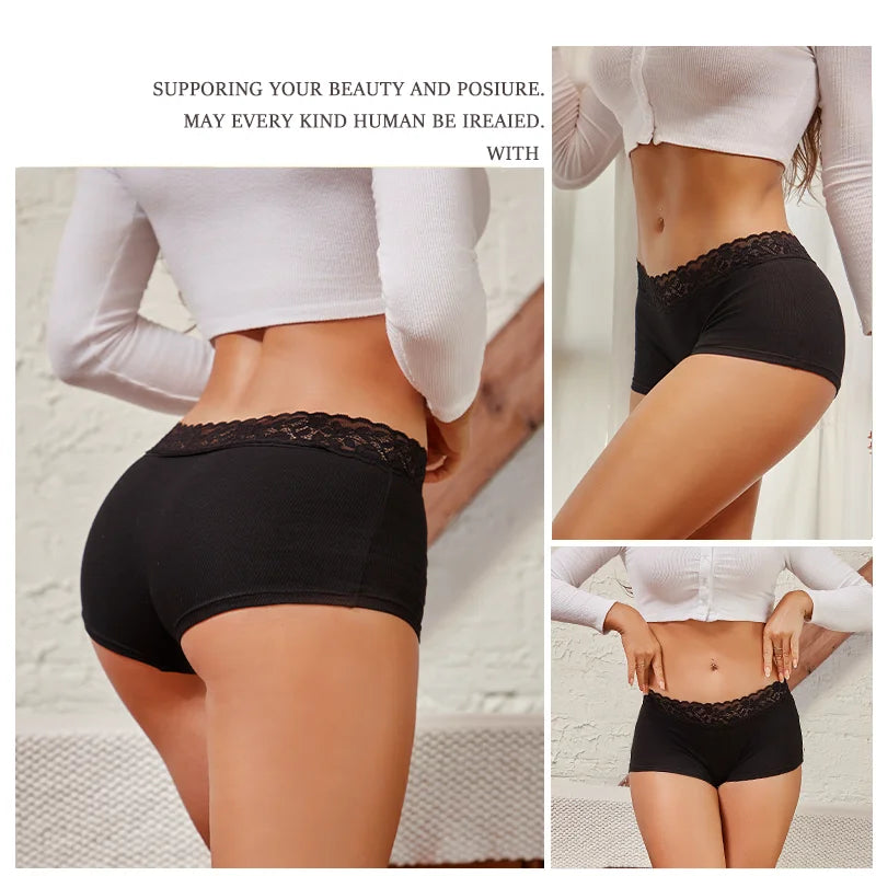 3Pcs Women's Cotton Lace Panties Boxers Seamless Boxer Underwear Female Solid Color Briefs Cozy Lingerie Intimate Underpant S-XL