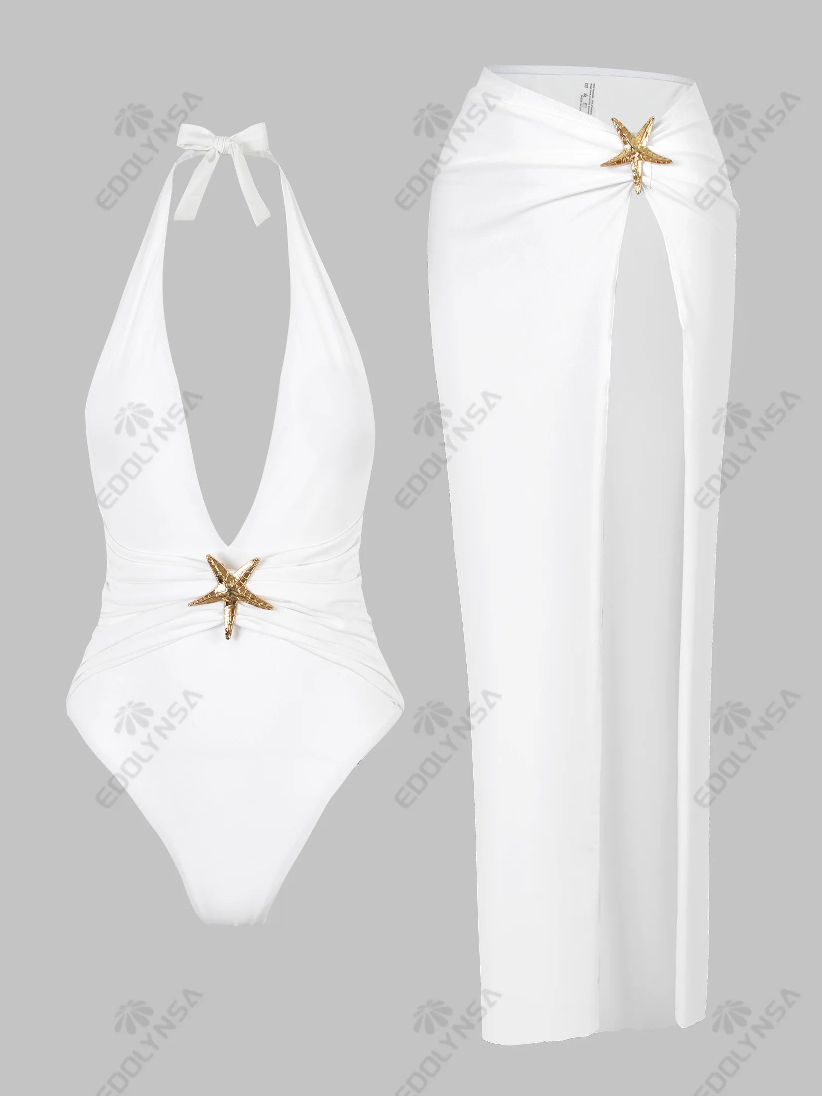 2 Piece Swimsuits for Elegant Women Starfish One Piece Bathing Suits with High Split Skirt Cover ups Sexy Halter Bikini Sets K59