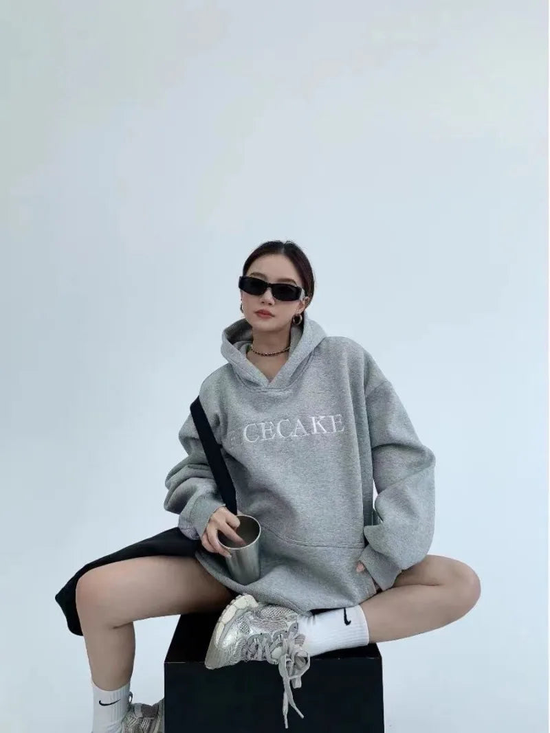 Hikigawa Chic Fashion Floral Embroidery Hoodies Women Coats Autumn Casual Loose All Match Hooded Pullover Outerwear Tops Mujer