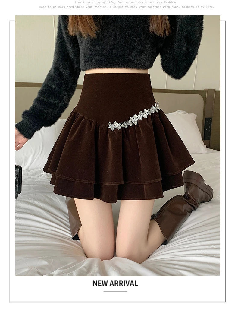 Bla Velvet Cake f Skirt Women's Autumn Winter High Waist A-Line Fluffy ort Skirt Small Size Pleated f Skirt