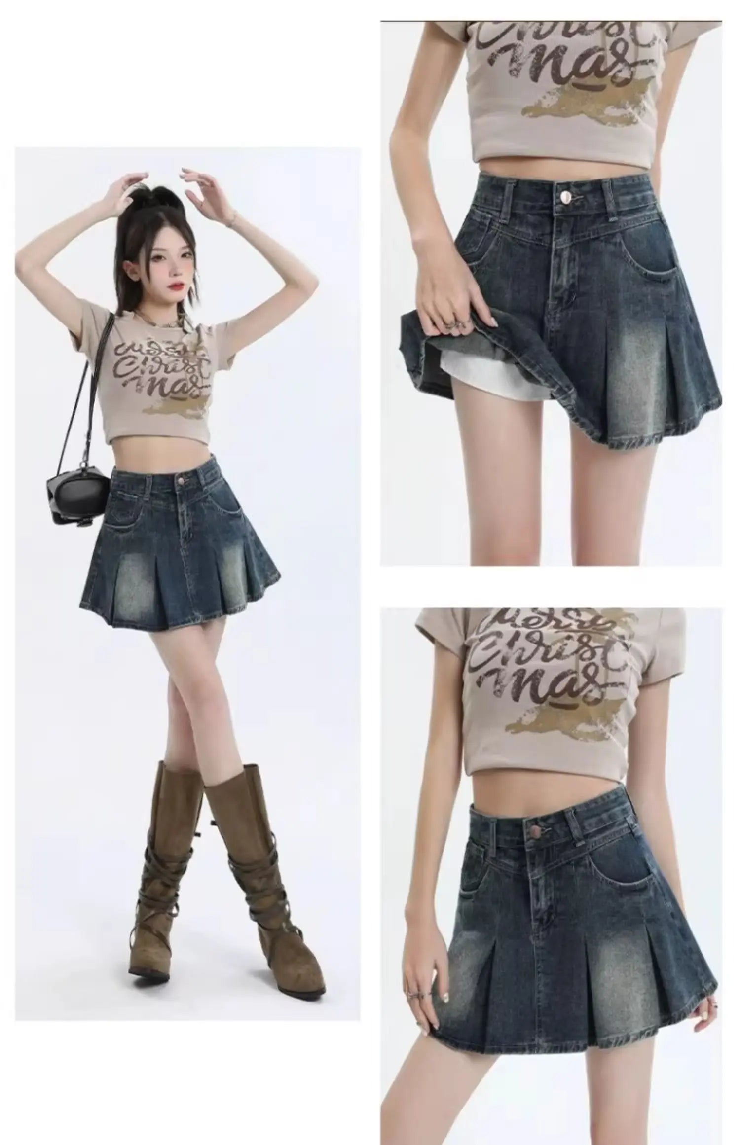 American Sle Versatile High Waist Denim  Skirt Women's Summer New plus Size Pleated Skirt Small Size Slim A-Line ves