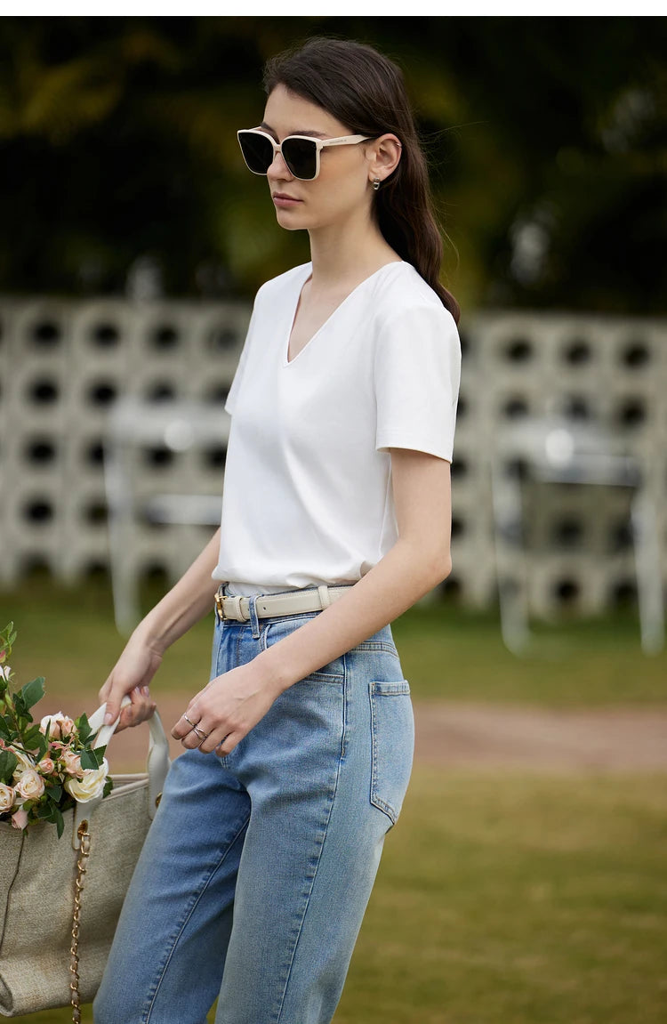 AMII Minimalism 100% Cotton Hollow Out Solid Short Sleeves Tees 2025 Spring New V Neck Top Women Casual Female T Shirt 12342289