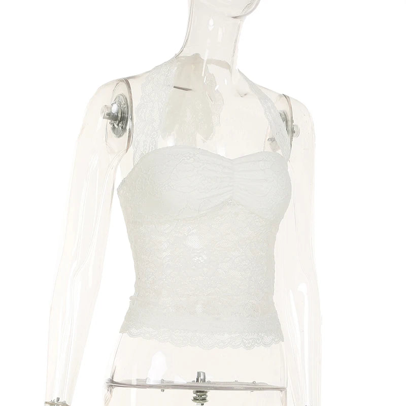 Cuteandpsycho Sexy Lace Patchwork Y2K Camisoles Backless Transparent Slim Outfits Party 90s Vintage Clubwear Halter Neck Tops