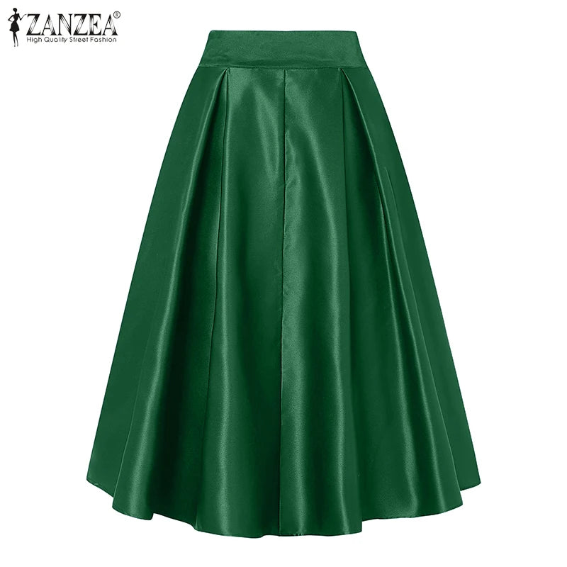 ZANZEA Vintage Solid Color Skirt Women Pleating Swing Jupe Party High Waisted Faldas Casual Loose Satin Silk A-line Overskirts