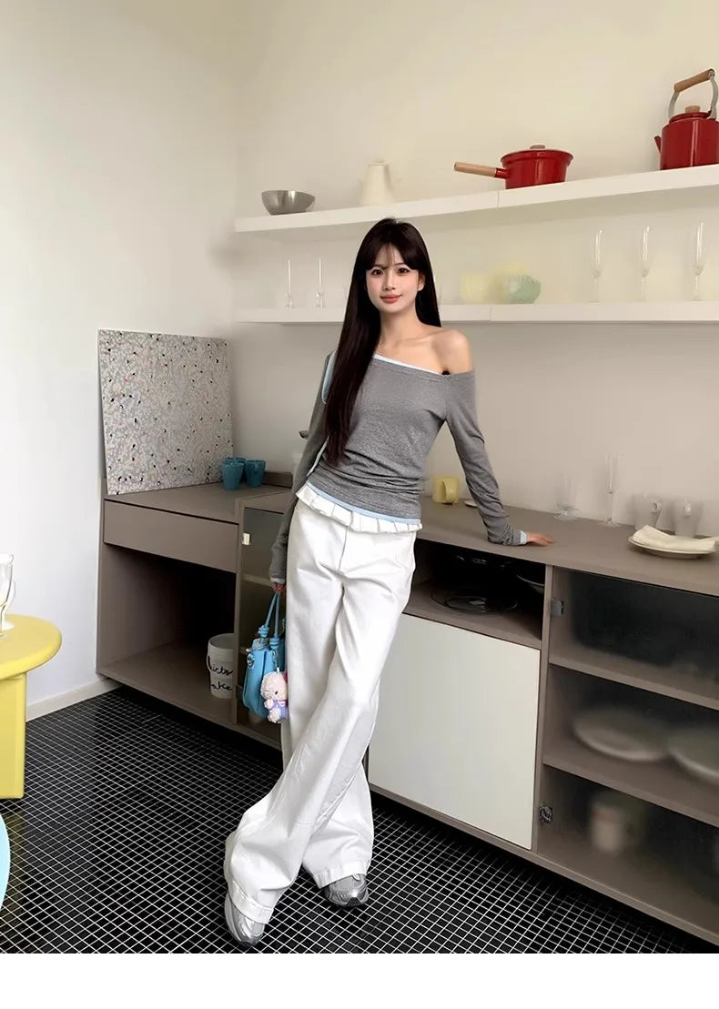 Casual Patchwork Pleated Wide Leg Pants Loose Solid High-Waisted Straight Pants Women Fashion Streetwear Lady Jeans