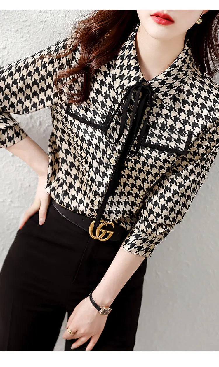 Spring Autumn Elegant Fashion Houndstooth Print Lace Up Shirt Ladies Long Sleeve Temperament All-match Blouse Femme Cardigan Top