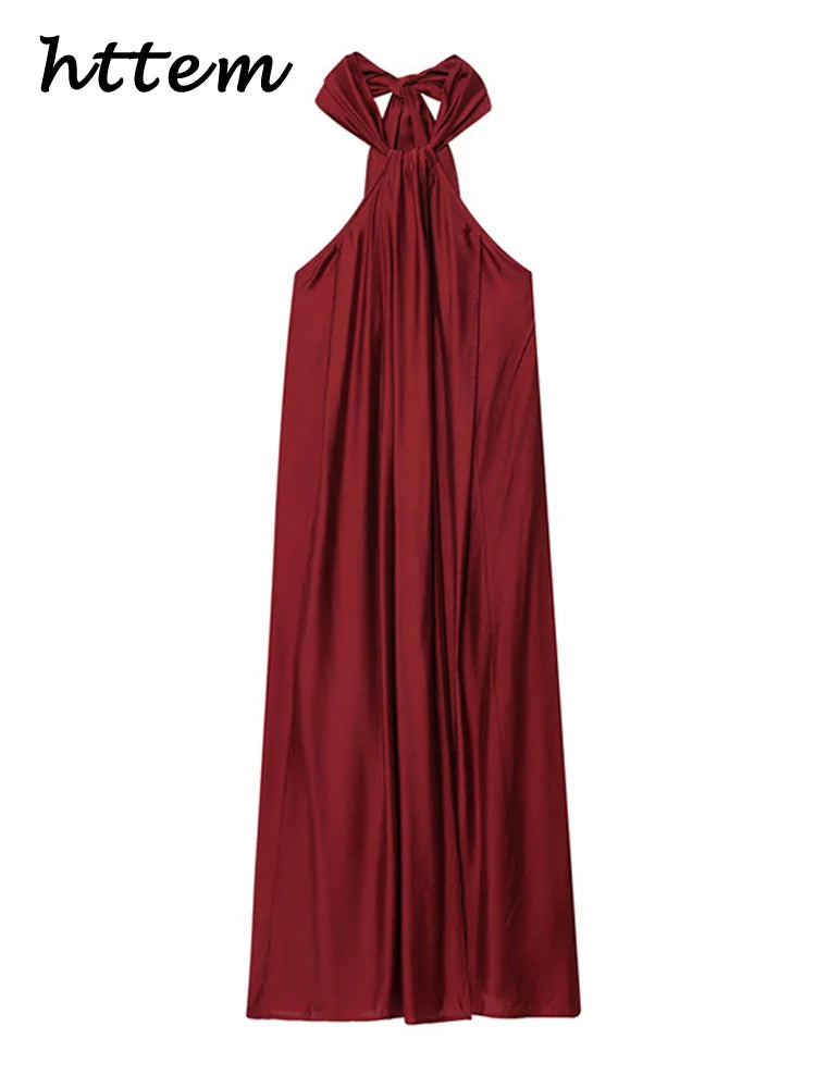 Elegant Halter Long Holiday Dress Women Loose Pleated Sleeveless Backless Slit Lace Up Party Dresses 2025 Summer Lady Beach Robe