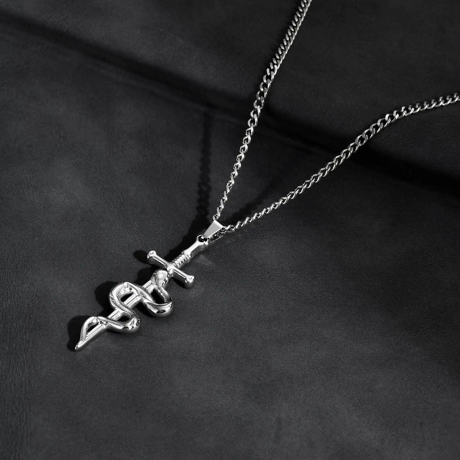 Punk Sword Necklace for Men Boys,Cross Snake Pendant Necklace with 60CM Cuban Chain,Gothic Jewelry Gift