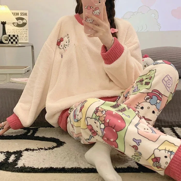 Transborder Flannel Pyjamas Women's Autumn Winter Round Neck Long Sleeve Cute Japanese Cartoon Student Warm Home Clothes Set