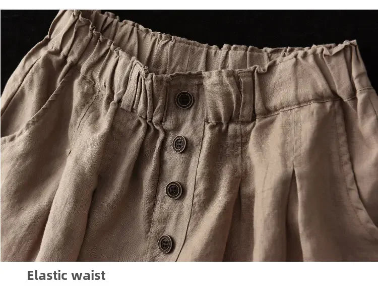 Vintageartistic High-waisted Slimming Cotton Linen Shorts For Women Casual Loose-fit Bell Bottoms 2024 New Style