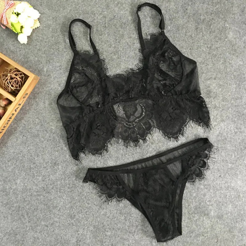 Lingerie Set Sexy Plus Size Hot Underwear Women Set Bra & Panty Thong Set Sexy Transparent Lingere Lace Black Open Intimates