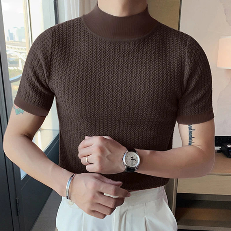 New Summer Fashion Tight T-shirt Casual Streetwear Textured High-neck Solid Color Short-sleeved Bottoming Tees Korean Style Tops