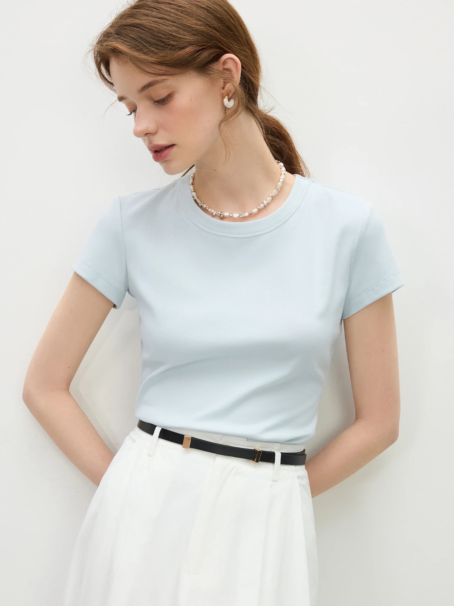 FSLE MInimalism Style Pink Straight Shoulder Short-sleeved T-shirt for Women 2025 Summer New Slim Fit Round Neck Top 25FS12113