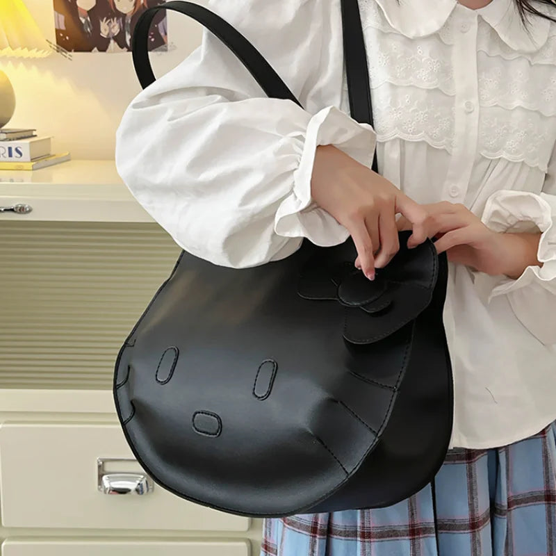 Sanrio Hello Kitty Shoulder Bags Cute Cartoon Bow Large Capacity PU Handbag Y2k Fashion Student Commuting Tote Bag for Girl Gift