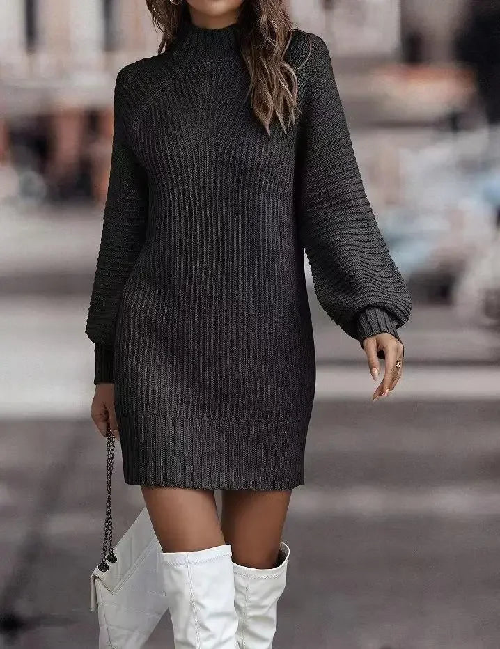 High Neck Long Sleeve Women's Knitted Dress Sweater Autumn Winter New Style Cross-Border Fashion Elegant Classy Female Garment