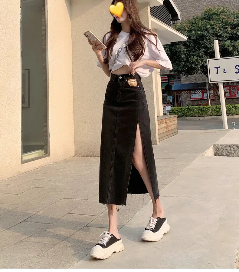 Mid-Length Denim Mini Skirt for Women High Waist Slimming Split Knee-Length Summer Trendy Cotton Half Body Skirts