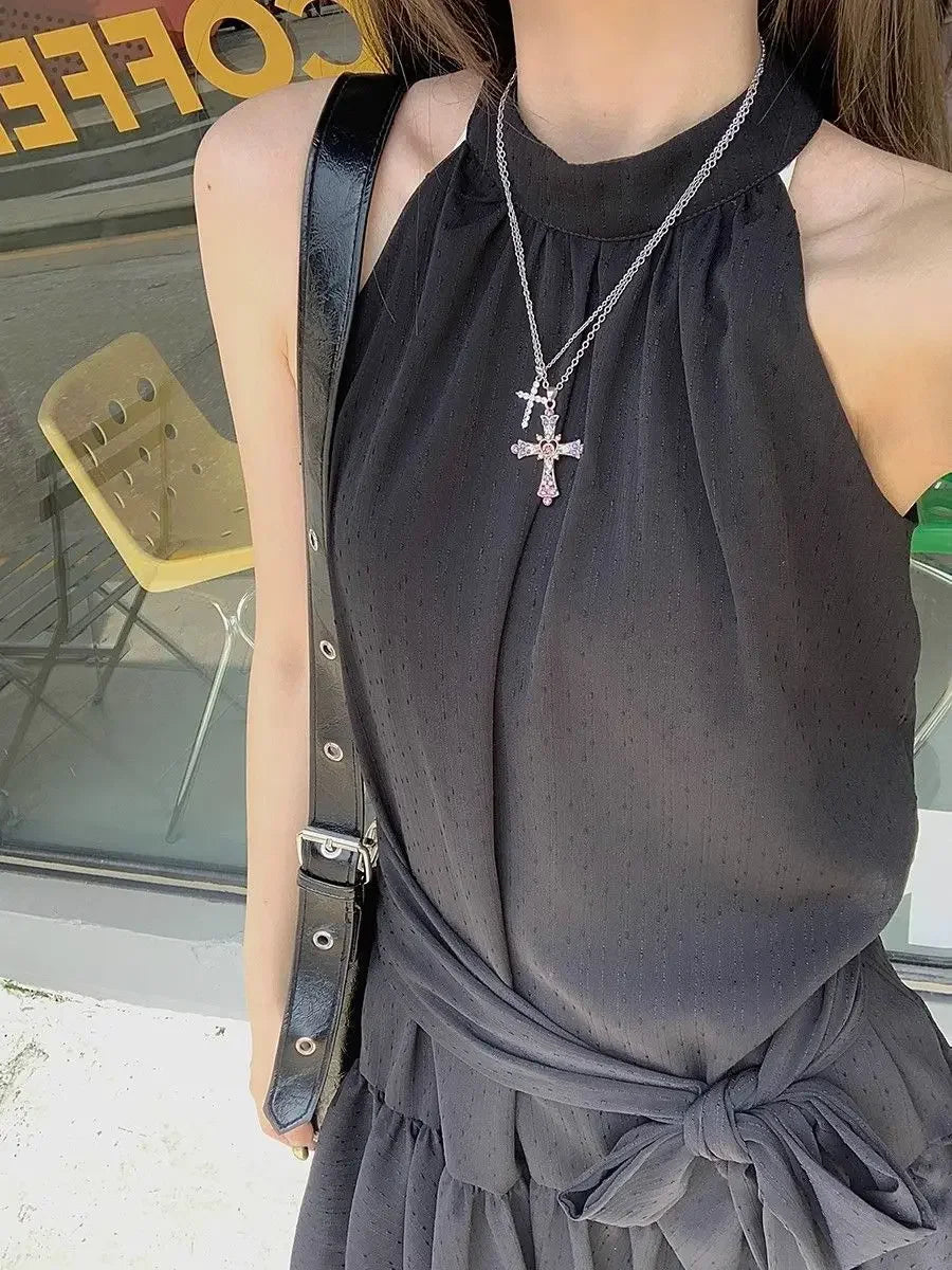 French Style Off-Shoulder Blue Summer Dress Women's Fashion Knot Waist A- Line Mini Skirt Black Short Skirt Sleeveless Gown