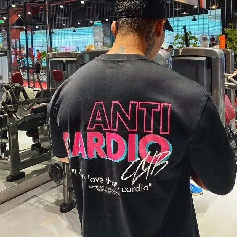 ANTI CARDIO Casual Oversized Short Sleeves Cotton T Shirt Gym Fitness Male Training Workout Cotton Tees Top New Fashion Clothes