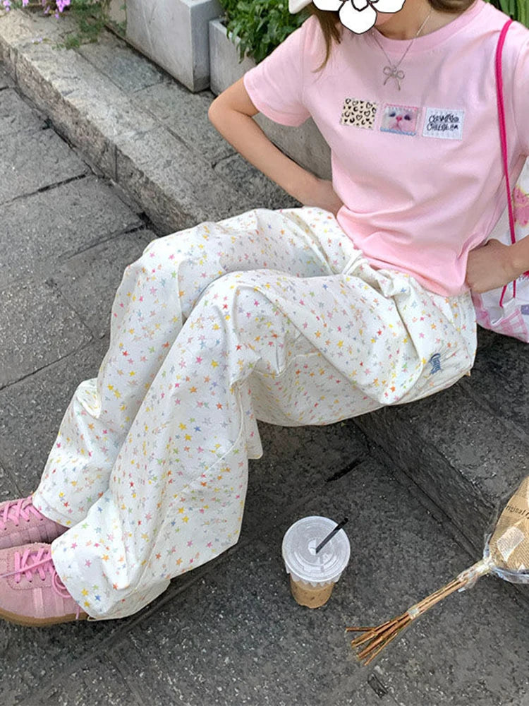 Zoki Stars Print Letter Cargo Pants Women Sweet Fashion High Waist Wide Leg Trousers Casual Loose Preppy Style Female Cute Pants