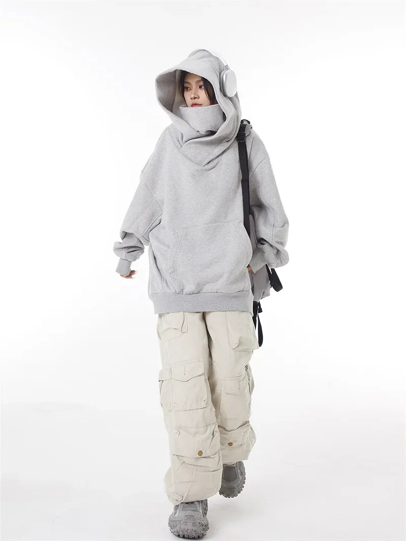 Autumn Solid Color Ninja Turtleneck Hoodies For Men Y2K Vintage Fleece Sweatshirts Hip Hop Japanese Streetwear Oversized Hoodie