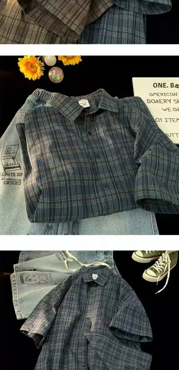 Japanese Vintage Plaid Short Sleeve Shirt Men's Streetwear Loose Fit High-end Feel Casual Stylish Versatile Half Sleeve Jacket