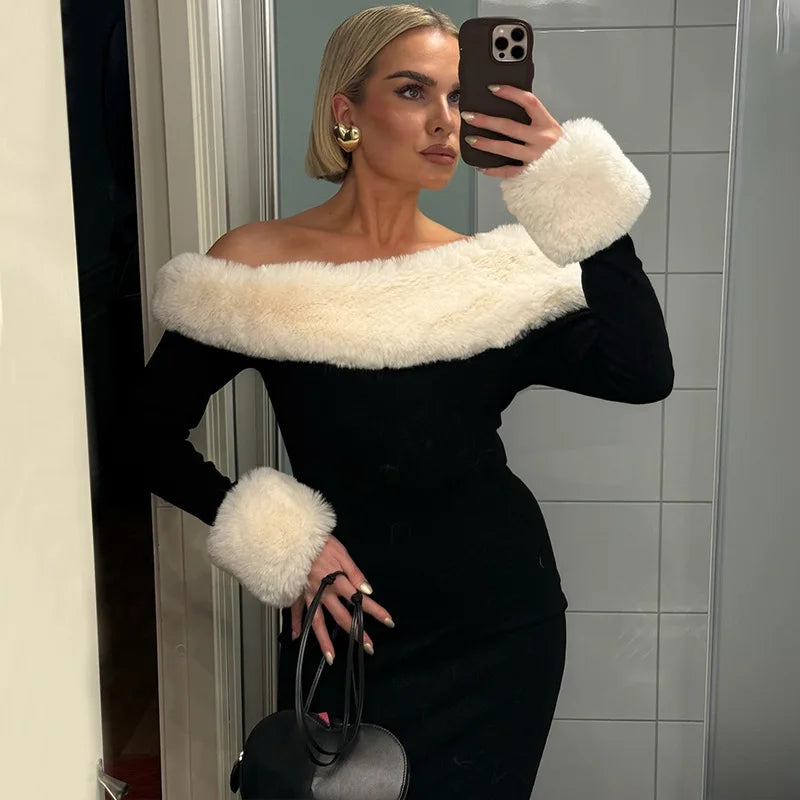 Tossy Fluffy Winter Slim Maxi Dress Female High Waist Long Sleeve Sexy Off-Shoulder Patchwork Bodycon Dress Ladies Party Dress