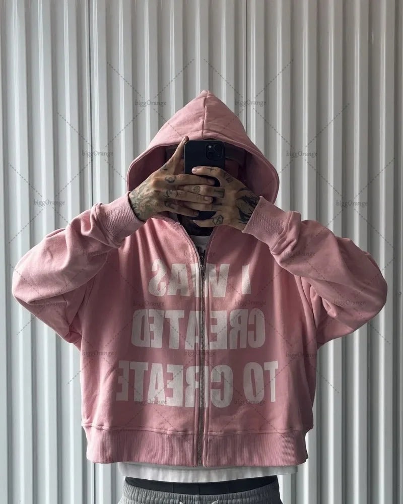 2025 Trendy Hip-hop Street Trend Brand Clothing Punk Style Letter Print Zipper Hoodie Men Pink Casual Retro Oversized Sweatshirt