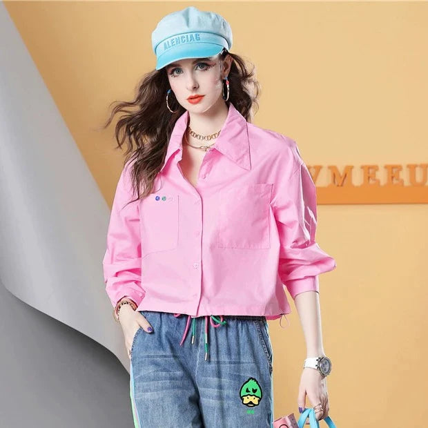Spring and Autumn Pink Long-sleeved Printed Long-sleeved Women's Shirt Loose Polo Shirt Casual Cotton Top Women's Clothes