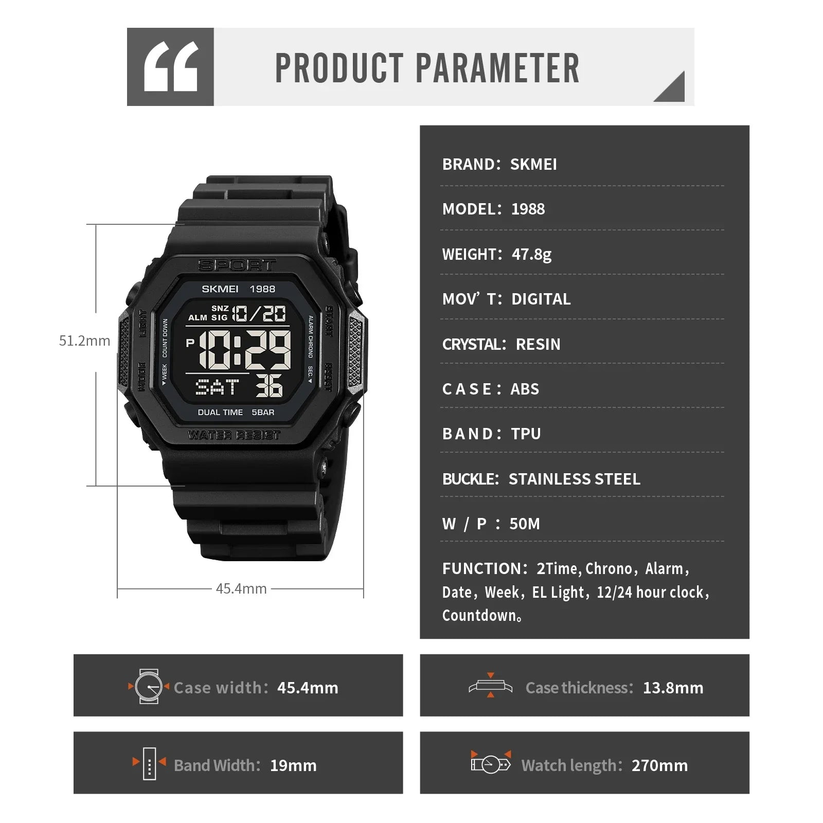 SKMEI 1988 Digital Sport Watch for Men LED Display Military Countdown Military Wristwatches Waterproof Mens Reloj Hombre 1628