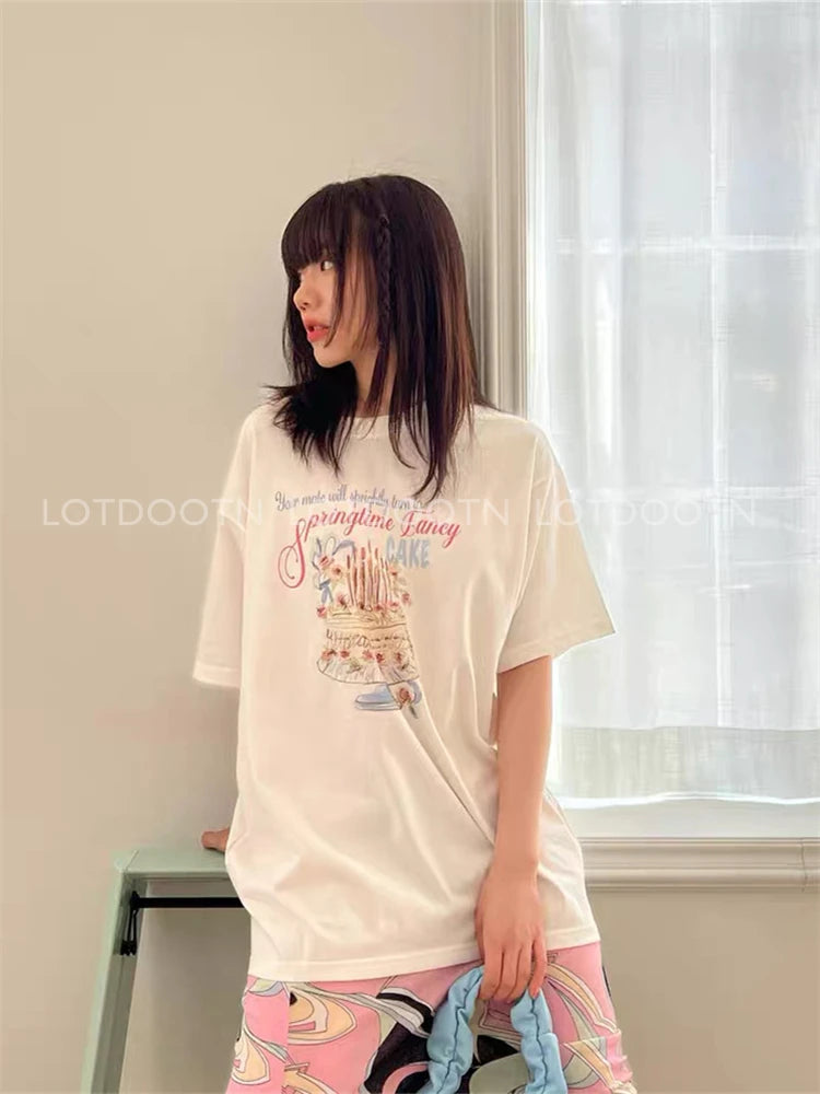 LOTDOOTN Loose Short Sleeve T-Shirt Cake Print Sweet Design Korean Casual Cotton Crew Neck Tops Female Summer Fashion Tee Shirts
