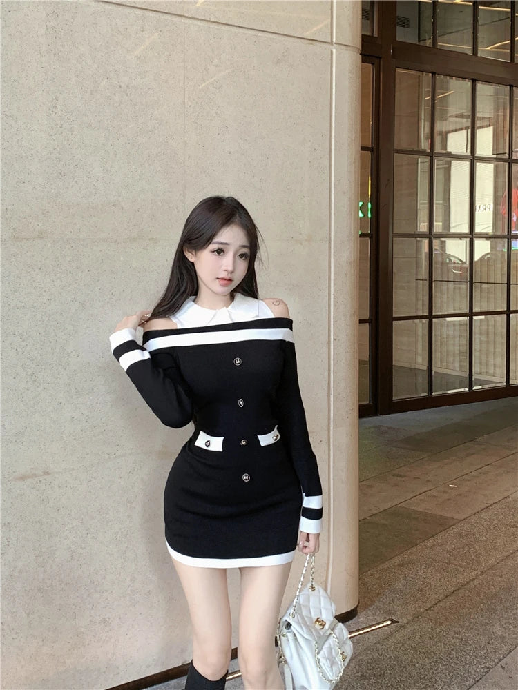 Hot Girl Off Shoulder Long-sleeved Knitted Dress Women's Autumn Fake Two-piece Shirts Spliced Sexy Wrapped Hip Short Dress