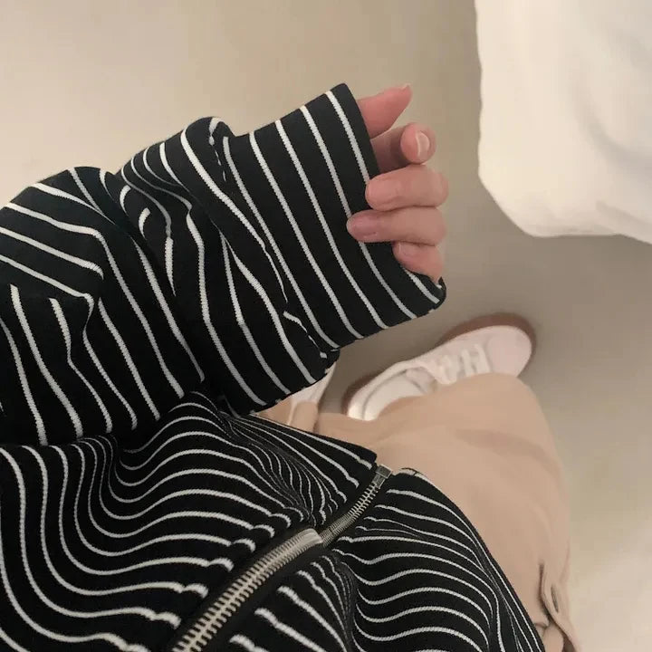 Spring 2025 Women's Chic Loose Casual Lazy Sle Striped Hooded Jaet with ket Open Cardigan Sweatirt Comfortable Fit