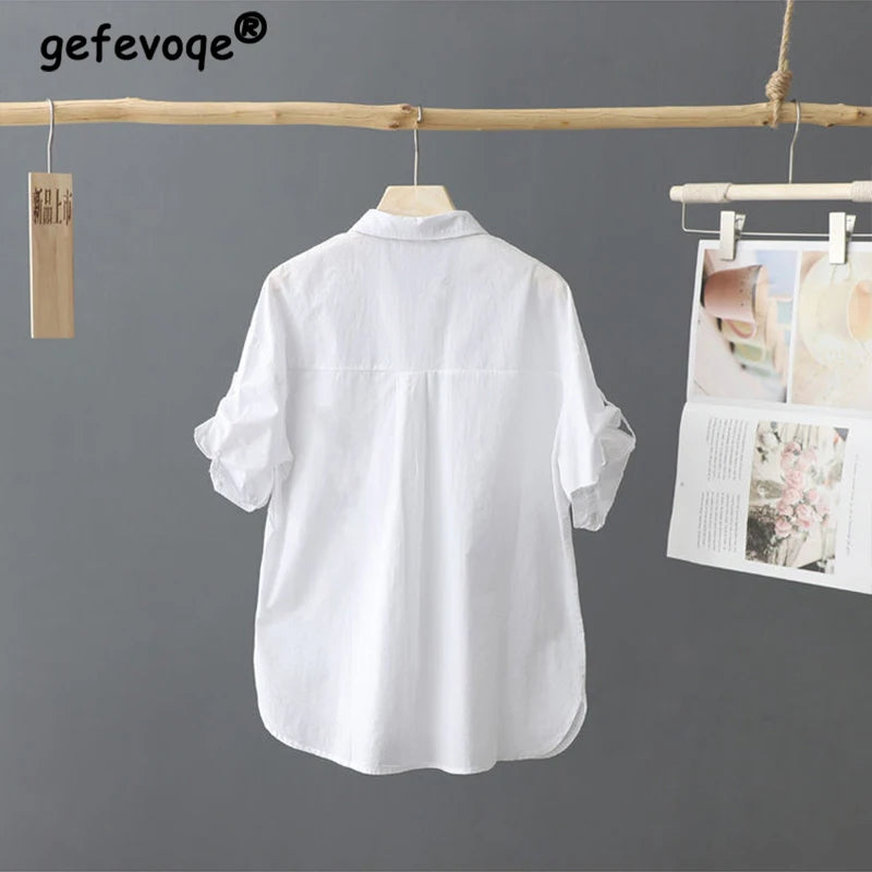 Summer Korean Style Solid Cotton Chic Women's Shirt Casual Loose All Match Office Lady Blouse Female Short Sleeve Blusas Mujer