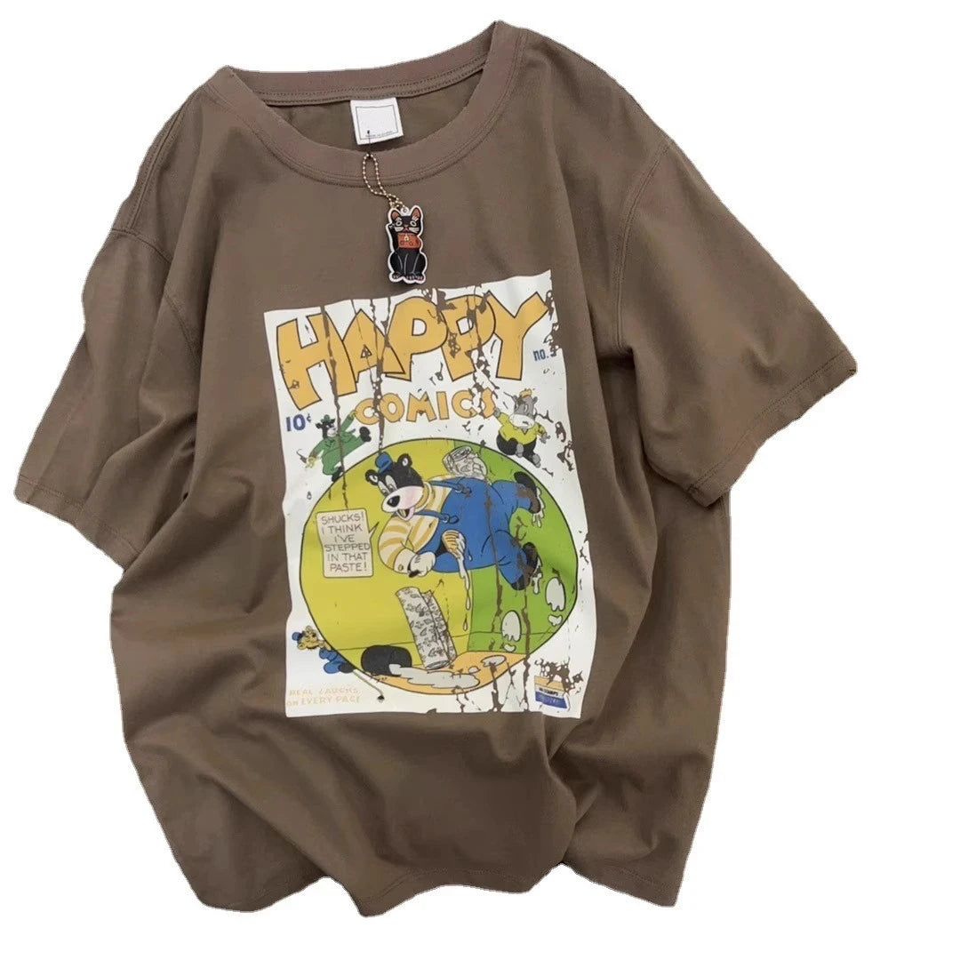 Retro Japanese Cartoon Print Loose ort Sve T-irt Women's Summer Korean Sle Chic Hong Kong Sle Student f Sve Top